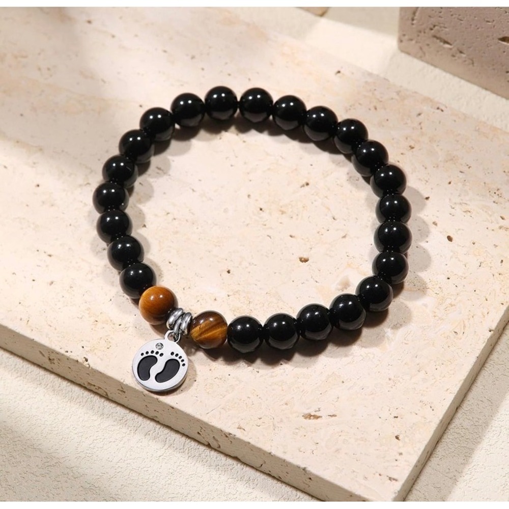 New Dad Gift Footprint Pendant Bead Bracelet Mens Black Obsidian Tigers Eye - Picture 5 of 7